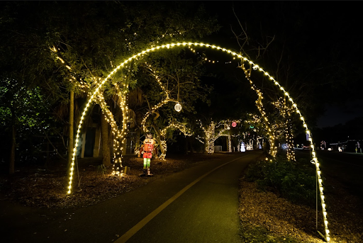 Walkway all lit up with nutcracker in the frame